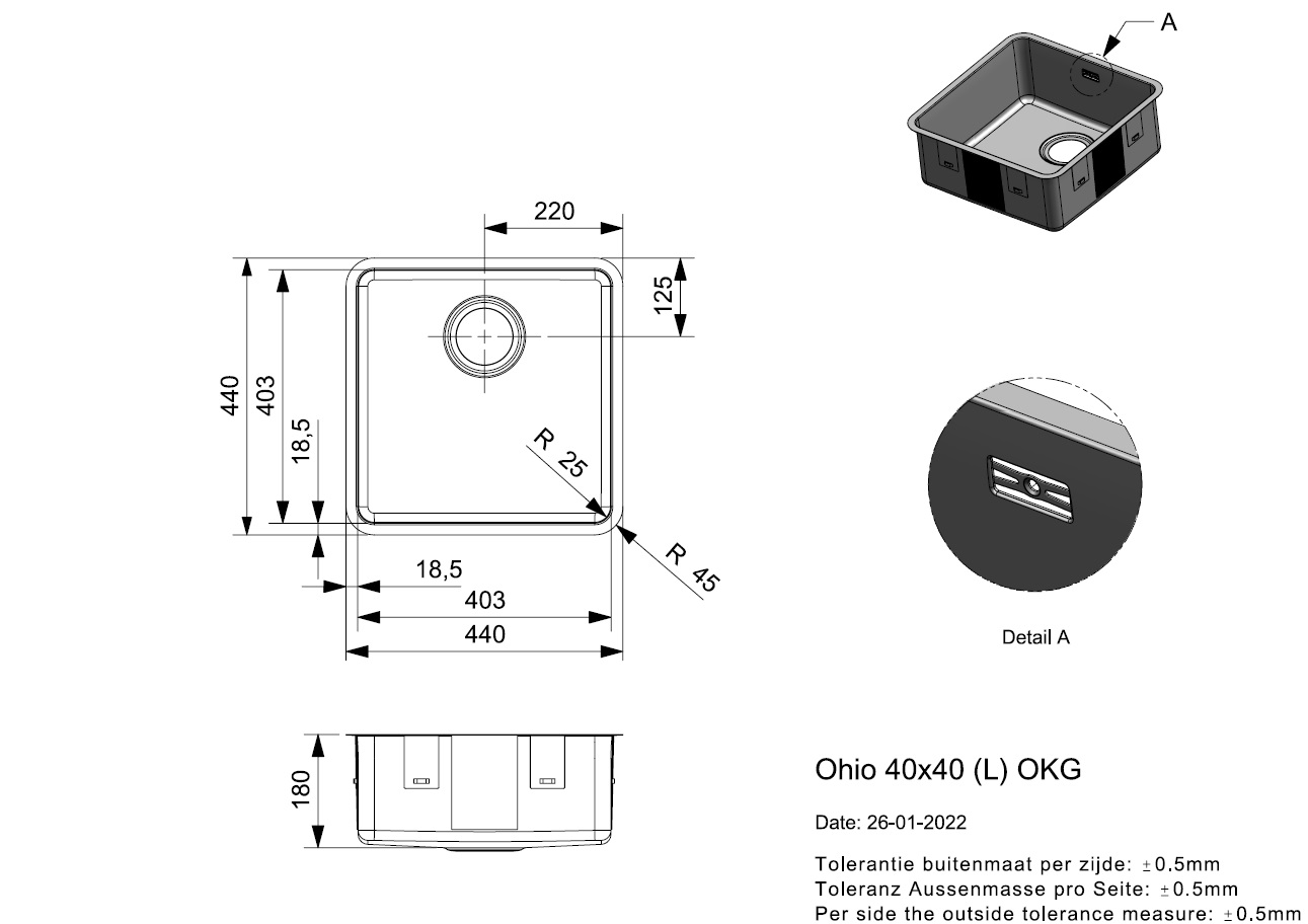 Ohio 40x40 (L) OKG | Vierkante spoelbak | Reginox